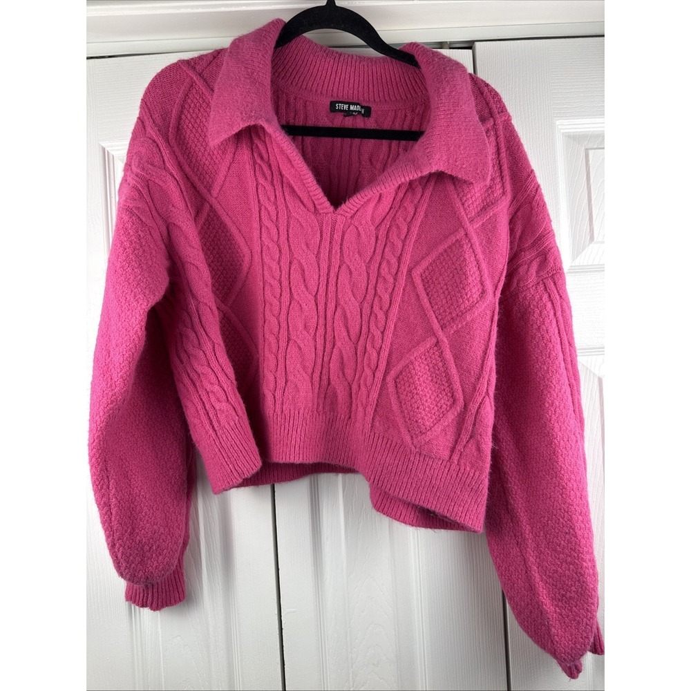 Steve Madden Womens Cay‎ Cable Pink Knit Collared Pullover Sweater Top Size L